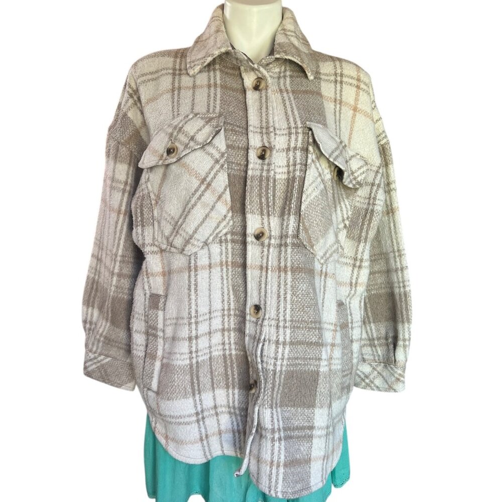 So Woman's Large Shacket Jacket Coat  Button Up Plaid Thick Cream Tan Work Schoo